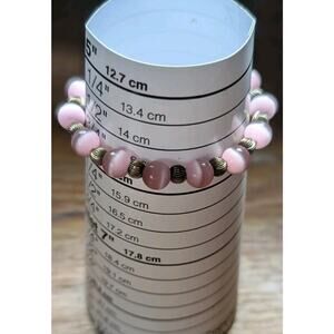 Vintage Sterling Silver 925 Pink Cat's Eye Fiber Optic Bead Bracelet 6" Petite